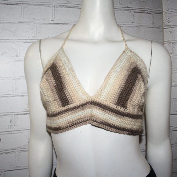 Vintagejelyfish Tops - 🌞🧶 Handmade Crochet Festival Crop · M/L · Tan & Cream